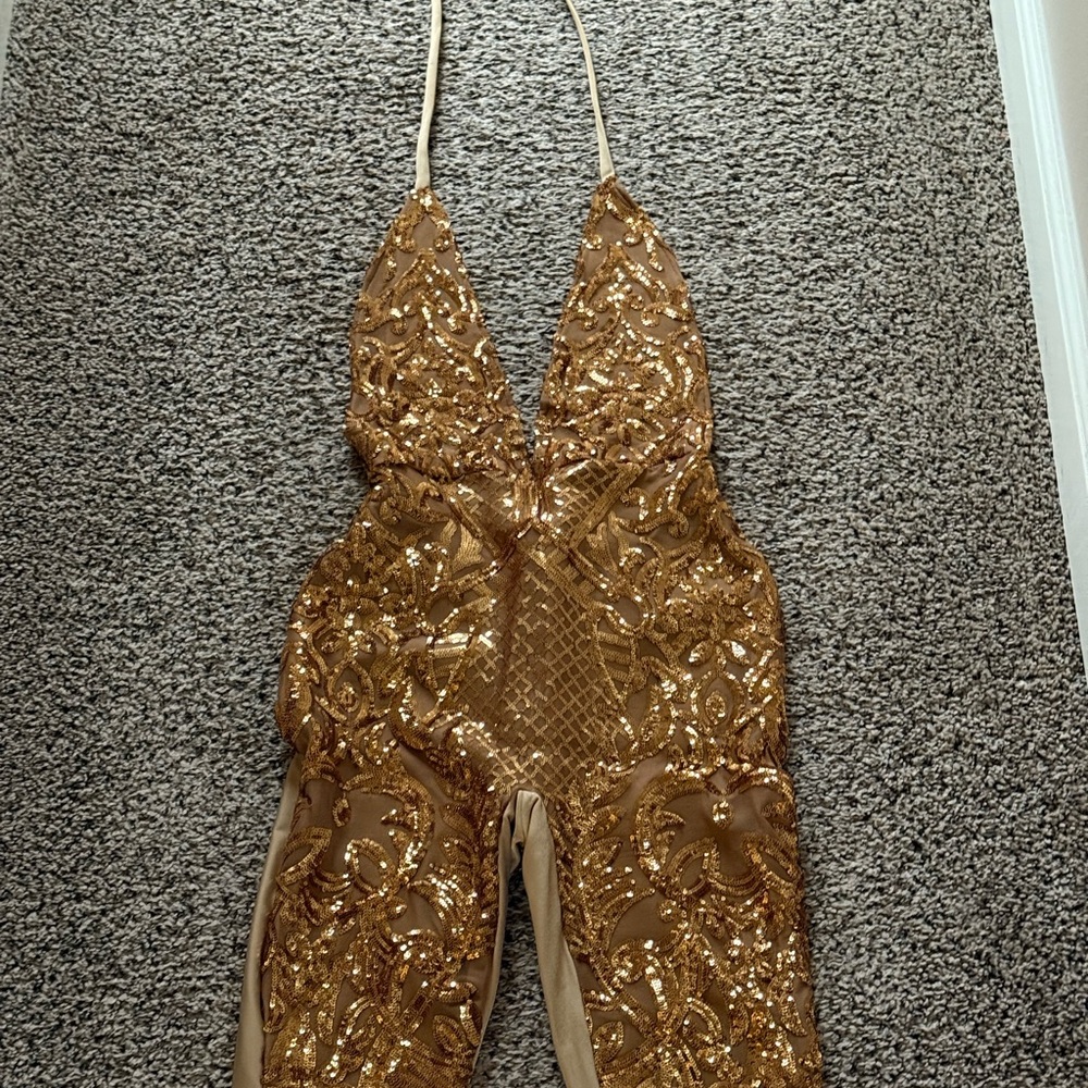Gold Sequin Halter Jumpsuit . Custom made